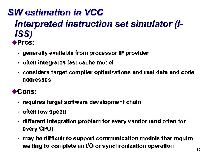 SW estimation in VCC Interpreted instruction set simulator (IISS) u. Pros: s generally available