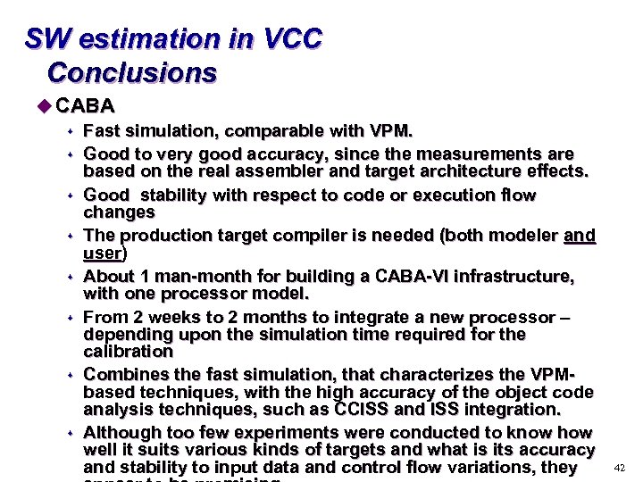 SW estimation in VCC Conclusions u CABA s Fast simulation, comparable with VPM. s