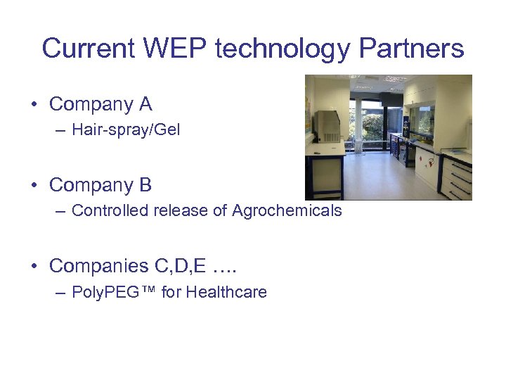 Current WEP technology Partners • Company A – Hair-spray/Gel • Company B – Controlled