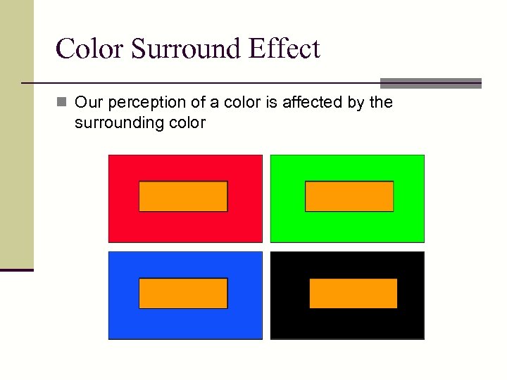 Color Surround Effect n Our perception of a color is affected by the surrounding