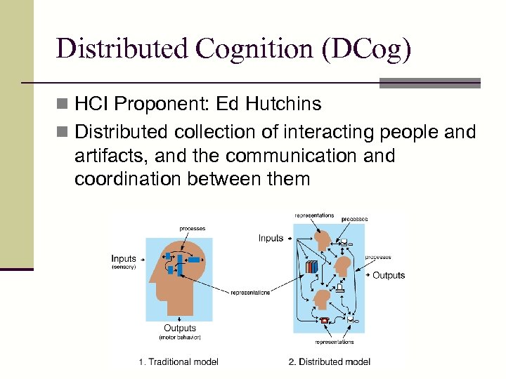 Distributed Cognition (DCog) n HCI Proponent: Ed Hutchins n Distributed collection of interacting people