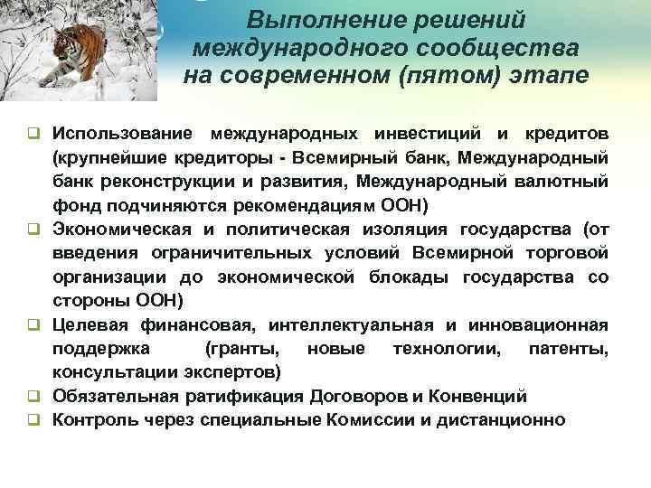 Выполнение решений международного сообщества на современном (пятом) этапе q Использование q q международных инвестиций