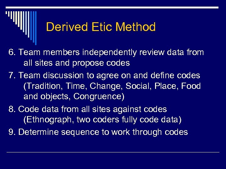 Derived Etic Method 6. Team members independently review data from all sites and propose