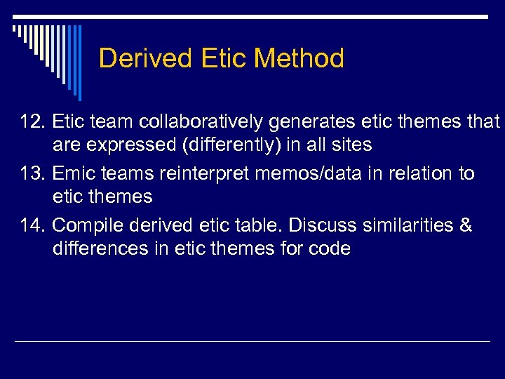 Derived Etic Method 12. Etic team collaboratively generates etic themes that are expressed (differently)