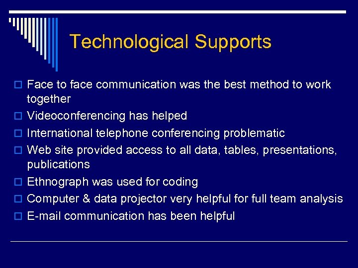 Technological Supports o Face to face communication was the best method to work o