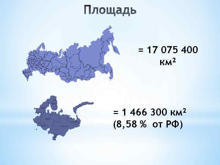 = 17 075 400 км² = 1 466 300 км² (8, 58 % от