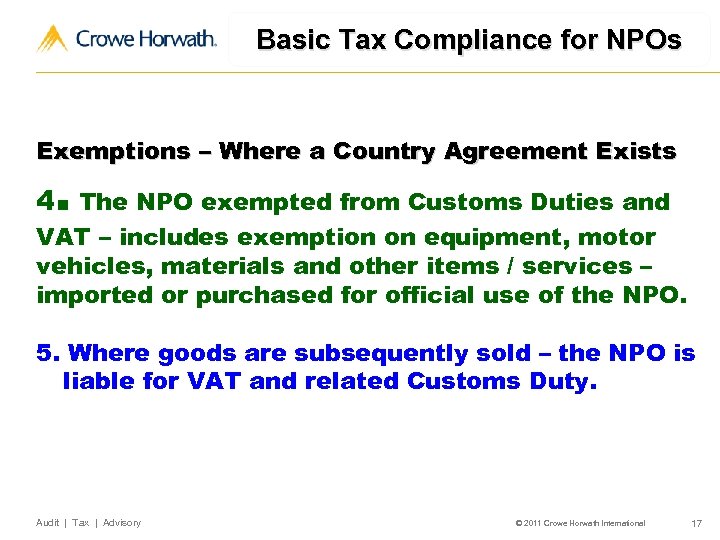 Basic Tax Compliance for NPOs Exemptions – Where a Country Agreement Exists . 4