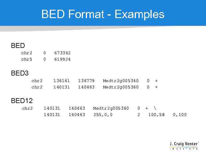 BED Format - Examples BED chr 2 chr 5 0 0 673342 619924 BED
