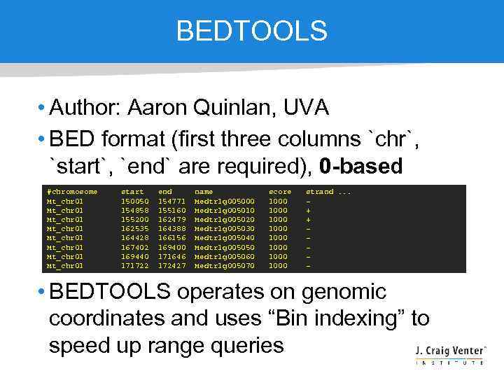 BEDTOOLS • Author: Aaron Quinlan, UVA • BED format (first three columns `chr`, `start`,
