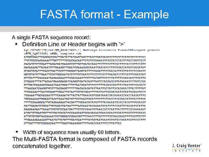 FASTA format - Example A single FASTA sequence record: • Definition Line or Header