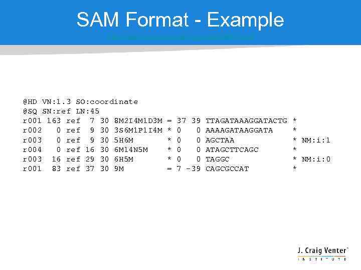 SAM Format - Example http: //samtools. sourceforge. net/SAM 1. pdf @HD VN: 1. 3