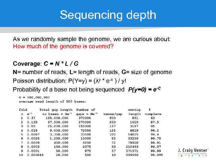 Sequencing depth As we randomly sample the genome, we are curious about: How much