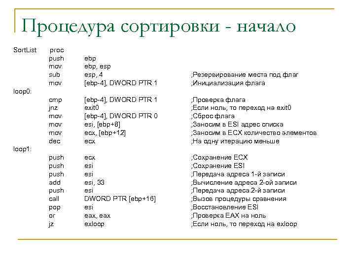 Процедура сортировки - начало Sort. List proc push mov sub mov ebp, esp, 4