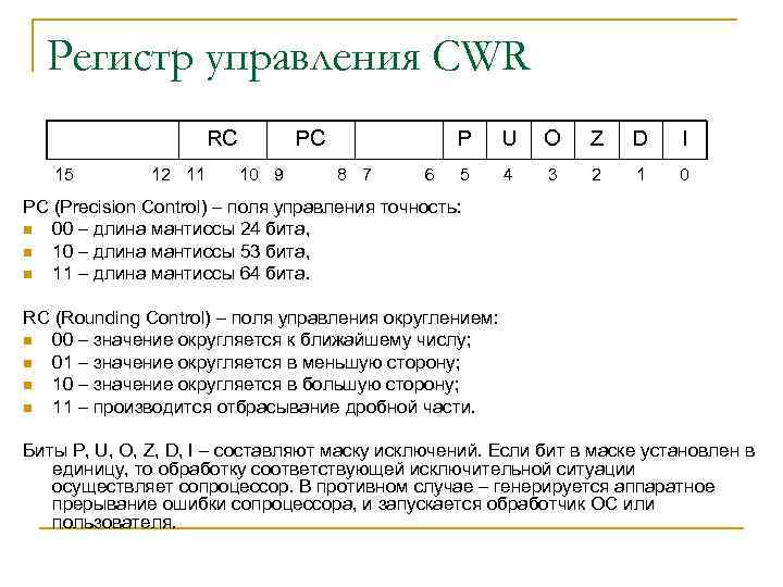 Регистр управления CWR RC 15 12 11 PC 10 9 P 8 7 6