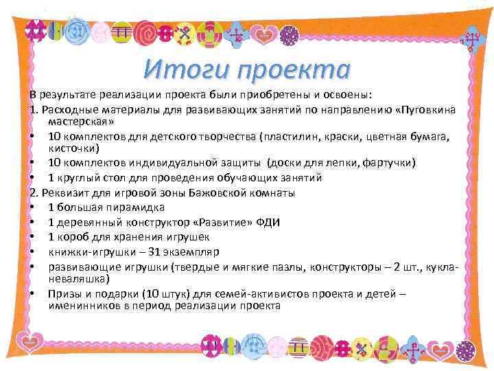 Итоги проекта В результате реализации проекта были приобретены и освоены: 1. Расходные материалы для
