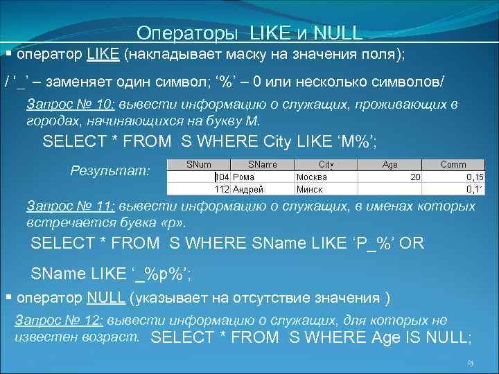 Операторы LIKE и NULL § оператор LIKE (накладывает маску на значения поля); / ‘_’