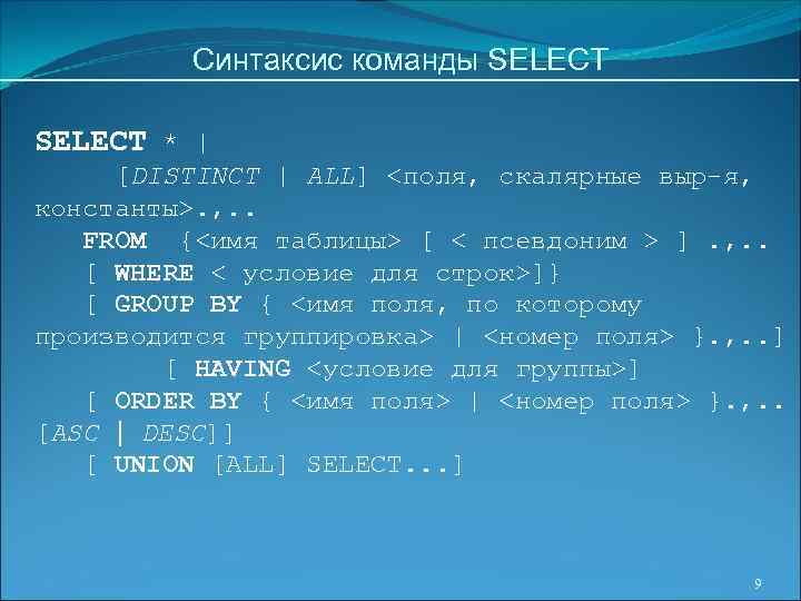 Синтаксис команды SELECT * | [DISTINCT | ALL] <поля, скалярные выр-я, константы>. , .