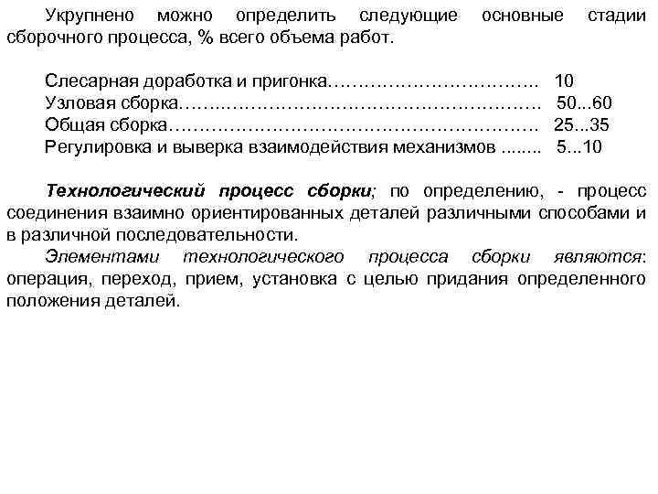 Укрупнено можно определить следующие сборочного процесса, % всего объема работ. основные Слесарная доработка и