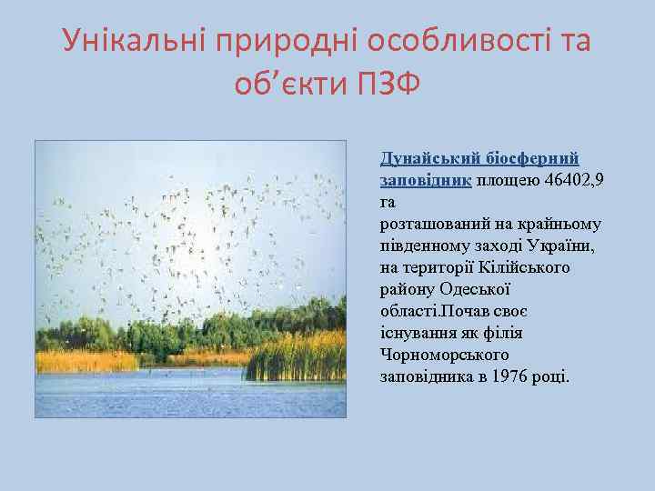 Унікальні природні особливості та об’єкти ПЗФ Дунайський біосферний заповідник площею 46402, 9 га розташований