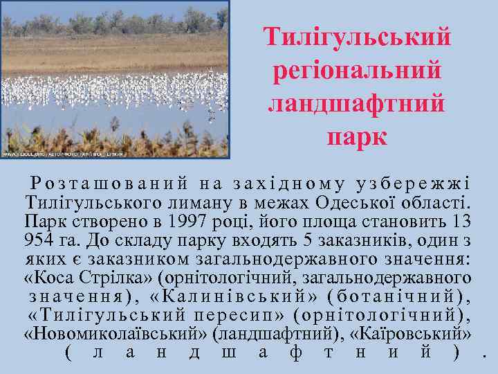 Тилігульський регіональний ландшафтний парк Розташований на західному узбережжі Тилігульського лиману в межах Одеської області.