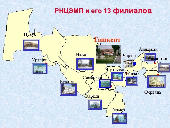 РНЦЭМП и его 13 филиалов Нукус Ташкент Андижан Навои Ургенч Бухара Самарканд Чирчик Наманган