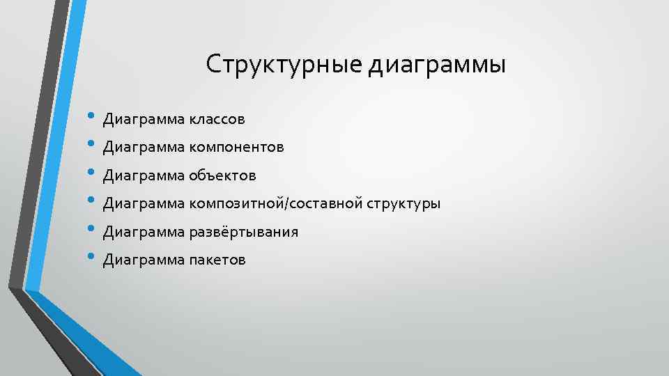 Структурные диаграммы • Диаграмма классов • Диаграмма компонентов • Диаграмма объектов • Диаграмма композитной/составной