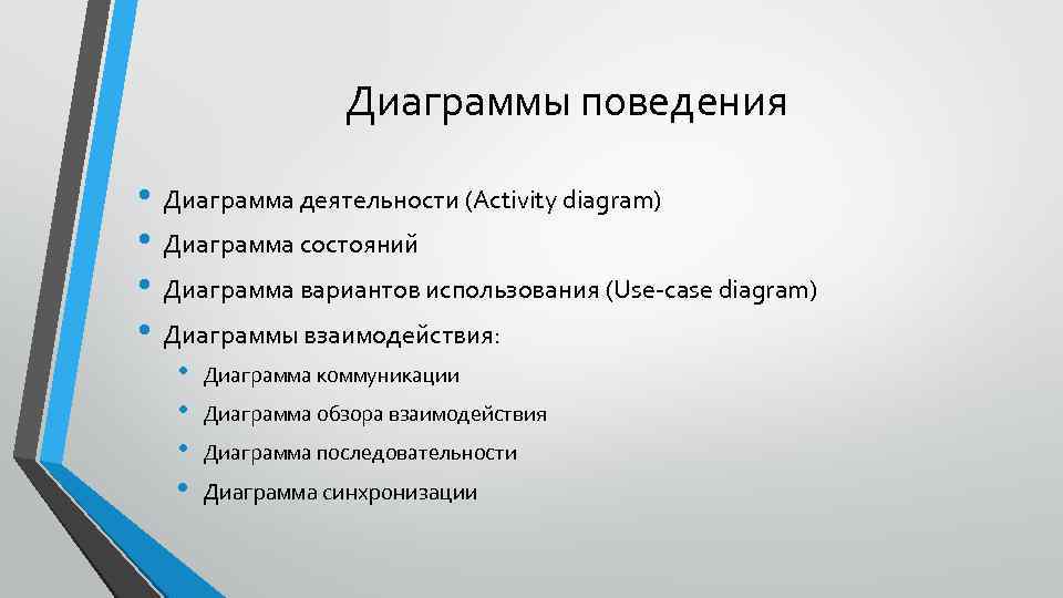 Диаграммы поведения • Диаграмма деятельности (Activity diagram) • Диаграмма состояний • Диаграмма вариантов использования