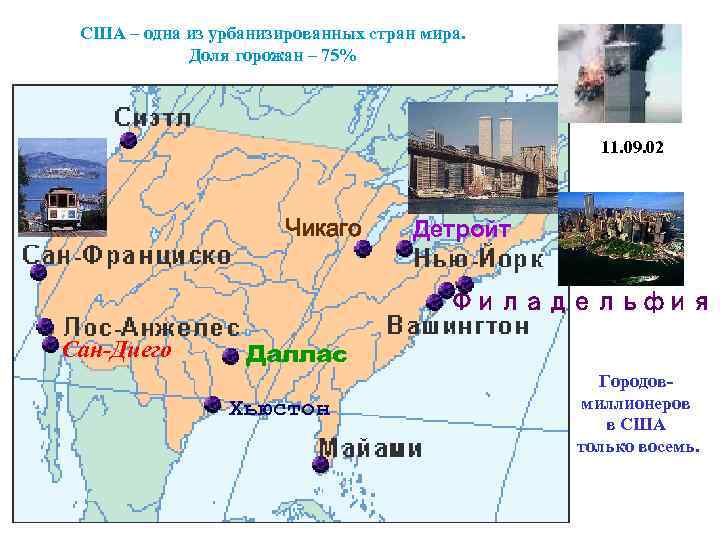 США – одна из урбанизированных стран мира. Доля горожан – 75% 11. 09. 02