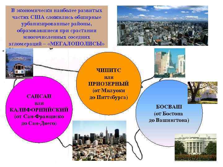 В экономически наиболее развитых частях США сложились обширные урбанизированные районы, образовавшиеся при срастании многочисленных