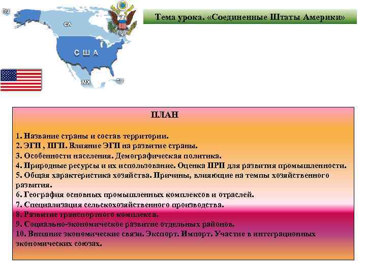 Тема урока. «Соединенные Штаты Америки» ПЛАН 1. Название страны и состав территории. 2. ЭГП