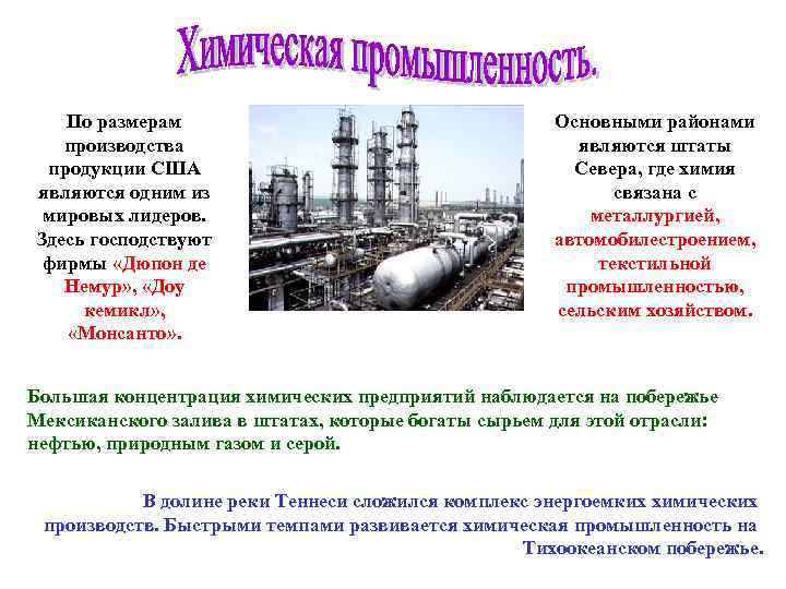 По размерам производства продукции США являются одним из мировых лидеров. Здесь господствуют фирмы «Дюпон