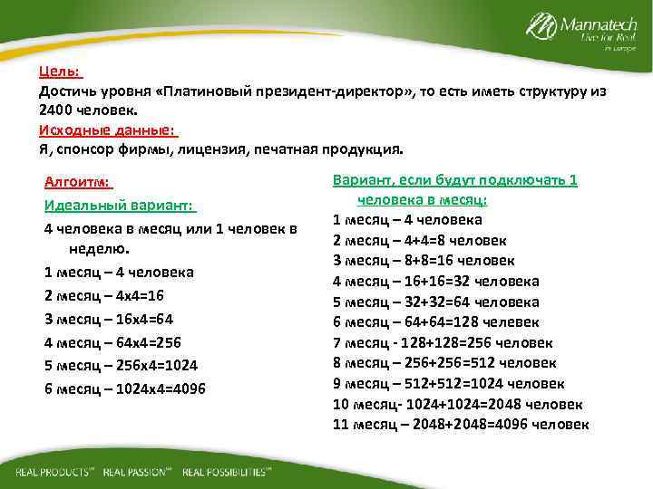 Цель: Достичь уровня «Платиновый президент-директор» , то есть иметь структуру из 2400 человек. Исходные