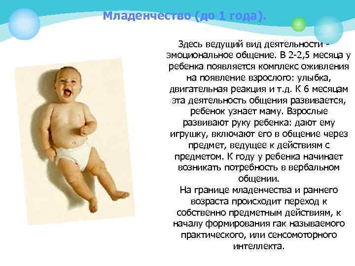 Младенчество (до 1 года). Здесь ведущий вид деятельности - эмоциональное общение. В 2 -2,