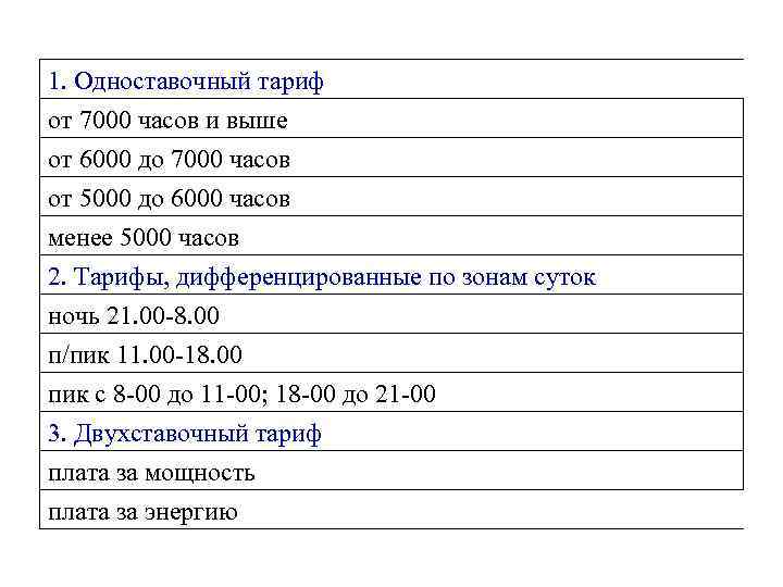 1. Одноставочный тариф от 7000 часов и выше от 6000 до 7000 часов от