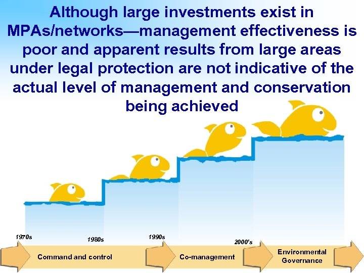 Although large investments exist in MPAs/networks—management effectiveness is poor and apparent results from large