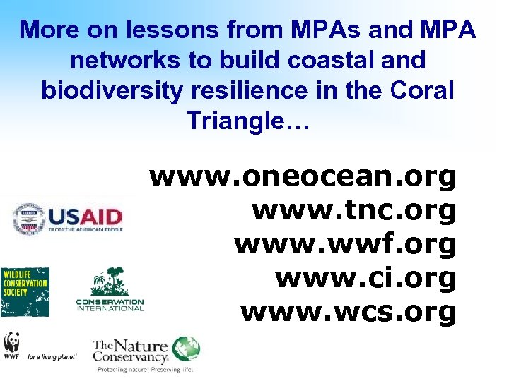 More on lessons from MPAs and MPA networks to build coastal and biodiversity resilience