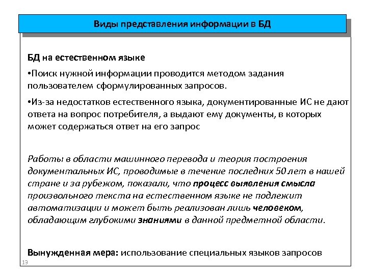 Виды представления информации в БД БД на естественном языке • Поиск нужной информации проводится