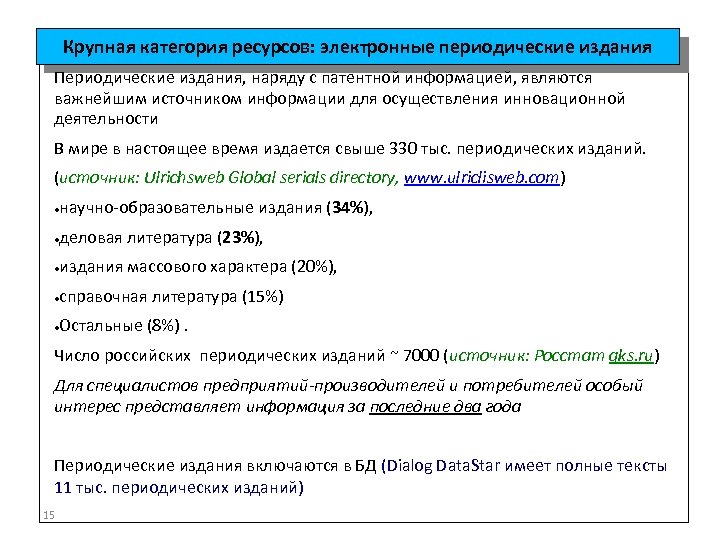 Крупная категория ресурсов: электронные периодические издания Периодические издания, наряду с патентной информацией, являются важнейшим