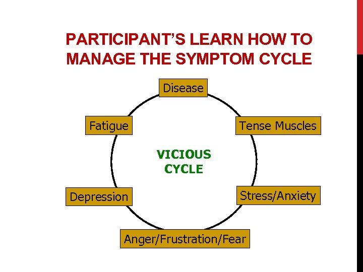 PARTICIPANT’S LEARN HOW TO MANAGE THE SYMPTOM CYCLE Disease Fatigue Tense Muscles VICIOUS CYCLE