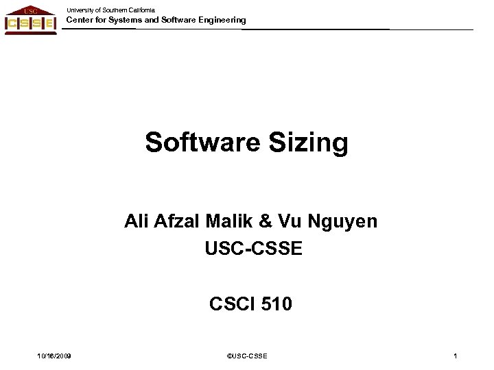University of Southern California Center for Systems and Software Engineering Software Sizing Ali Afzal