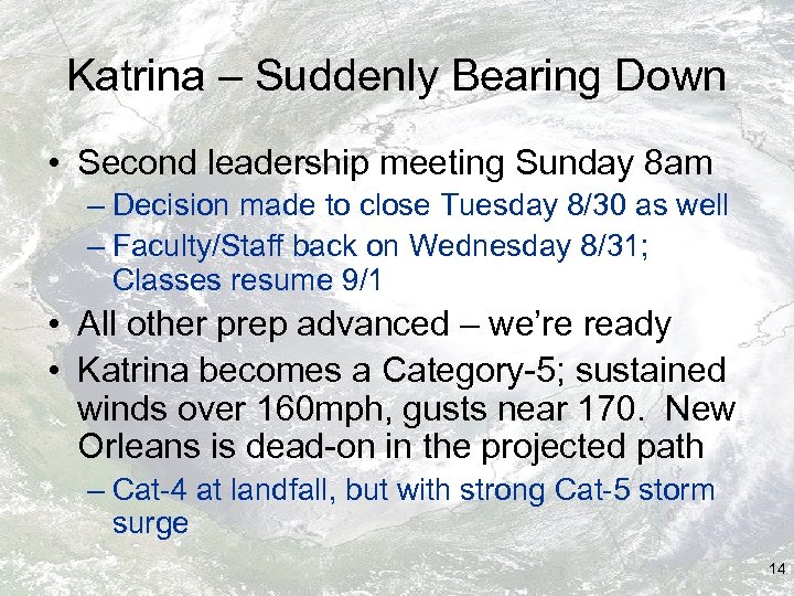 Katrina – Suddenly Bearing Down • Second leadership meeting Sunday 8 am – Decision