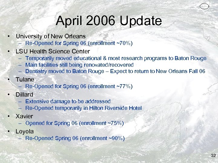 April 2006 Update • University of New Orleans – Re-Opened for Spring 06 (enrollment