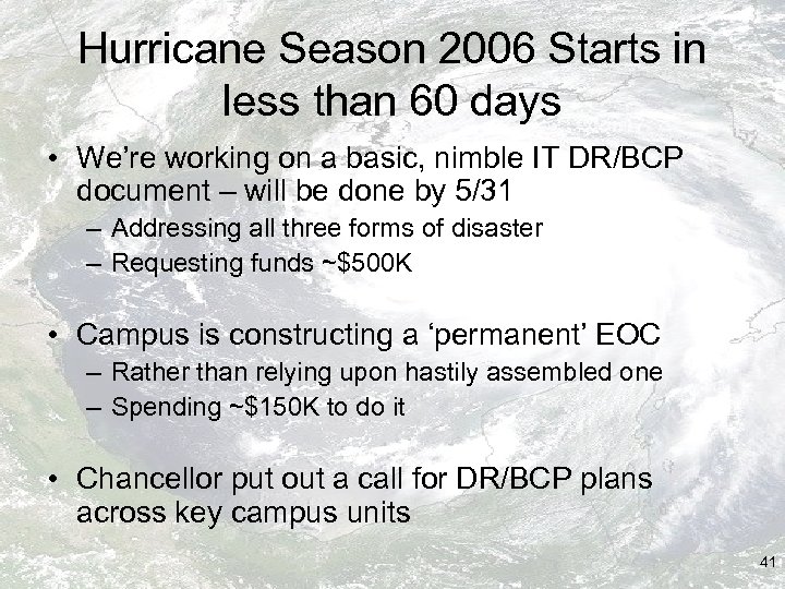 Hurricane Season 2006 Starts in less than 60 days • We’re working on a