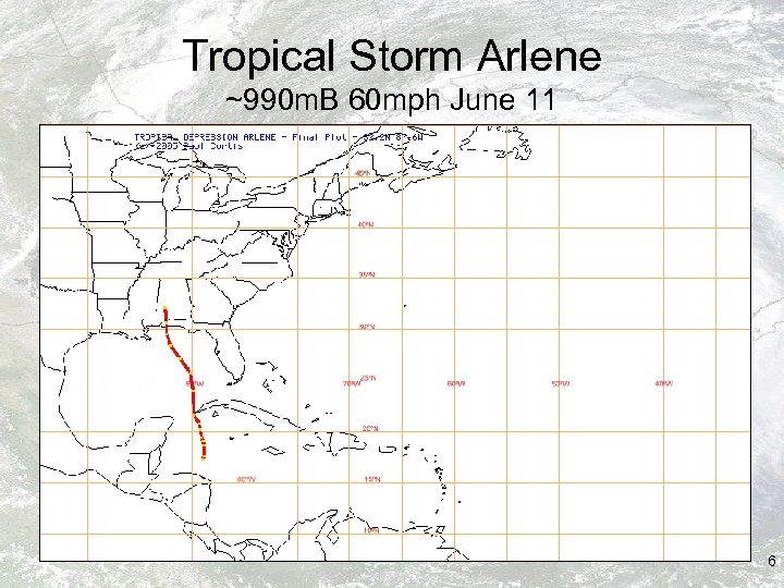 Tropical Storm Arlene ~990 m. B 60 mph June 11 6 