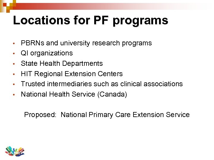 Locations for PF programs • • • PBRNs and university research programs QI organizations