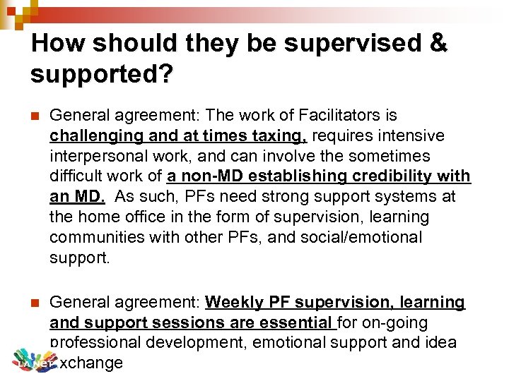 How should they be supervised & supported? n General agreement: The work of Facilitators