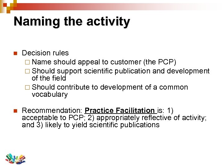 Naming the activity n Decision rules ¨ Name should appeal to customer (the PCP)