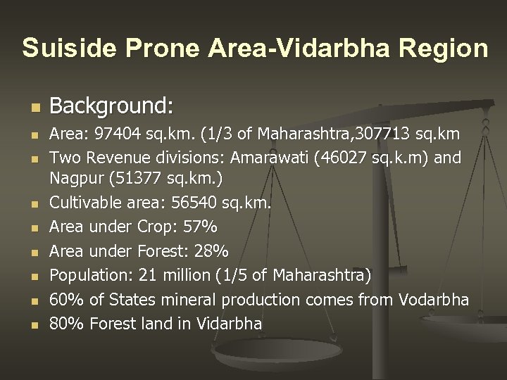 Suiside Prone Area-Vidarbha Region n n n n Background: Area: 97404 sq. km. (1/3