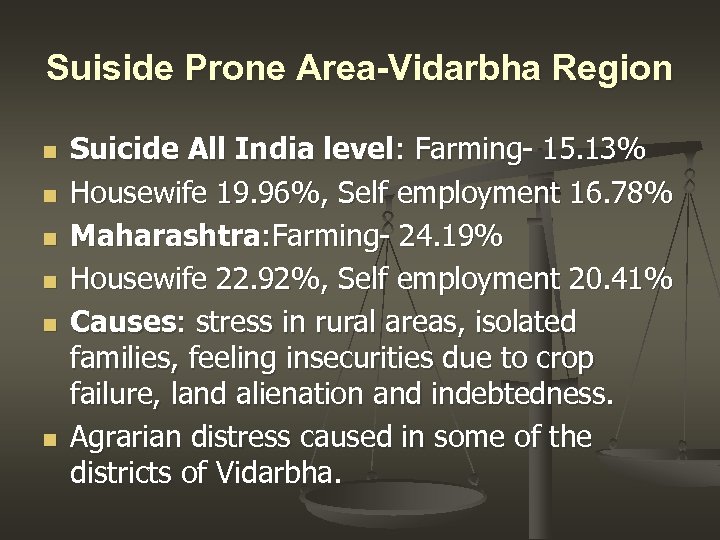 Suiside Prone Area-Vidarbha Region n n n Suicide All India level: Farming- 15. 13%