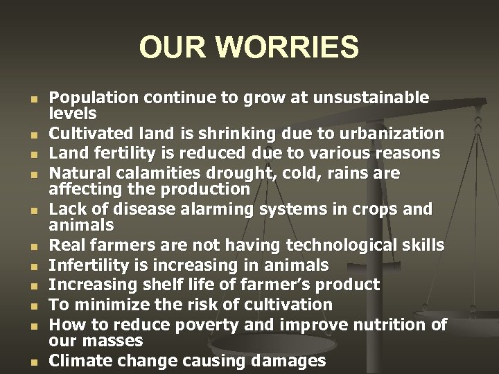 OUR WORRIES n n n Population continue to grow at unsustainable levels Cultivated land
